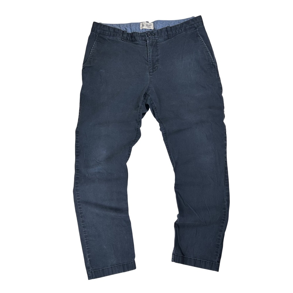 Original Penguin Mens Navy Blue Chino Pants Flat Front Cotton Blend 36x32